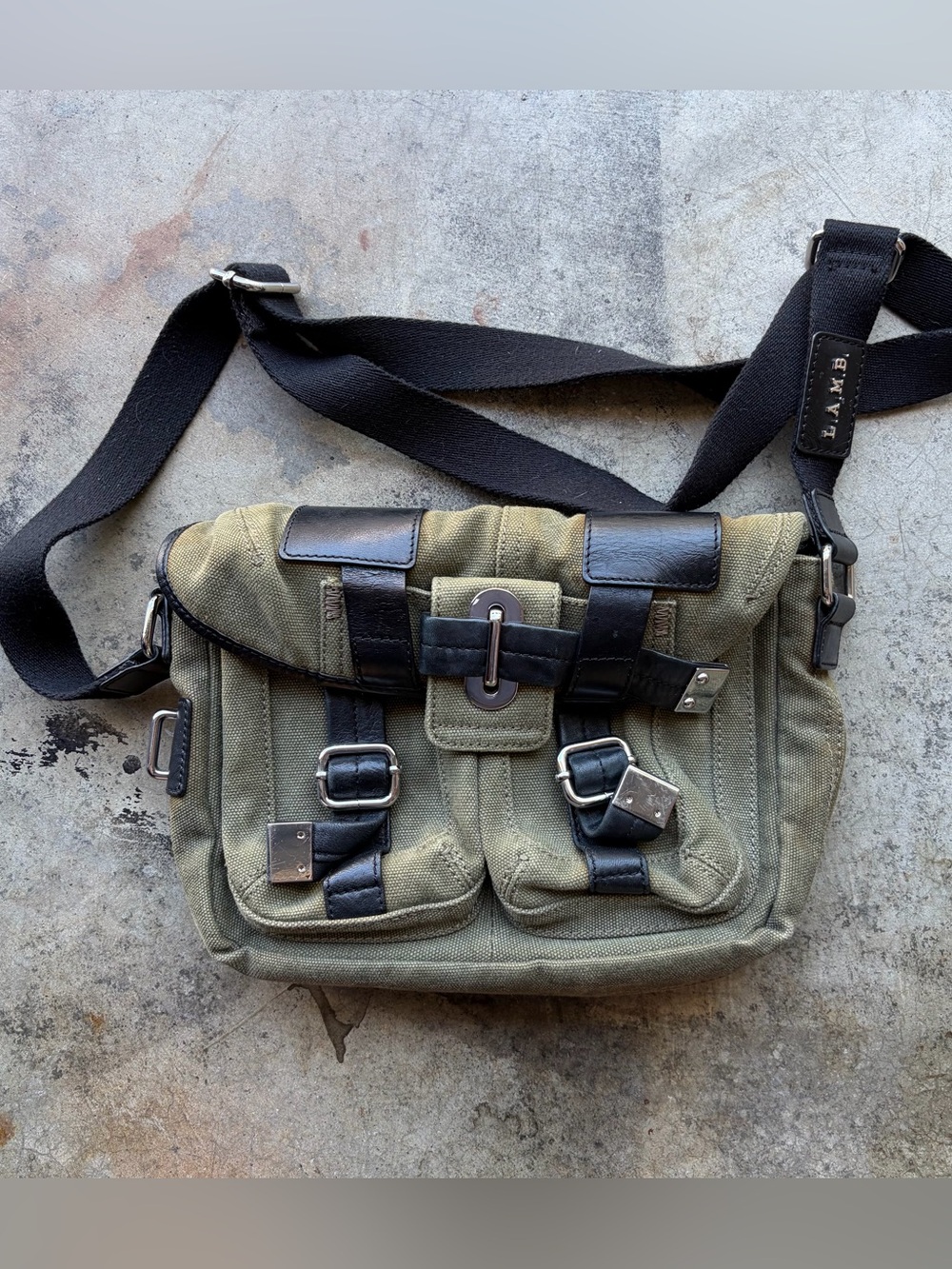 L.A.M.B Gwen Stepani Army Green  and Black Leather Purse Handbag